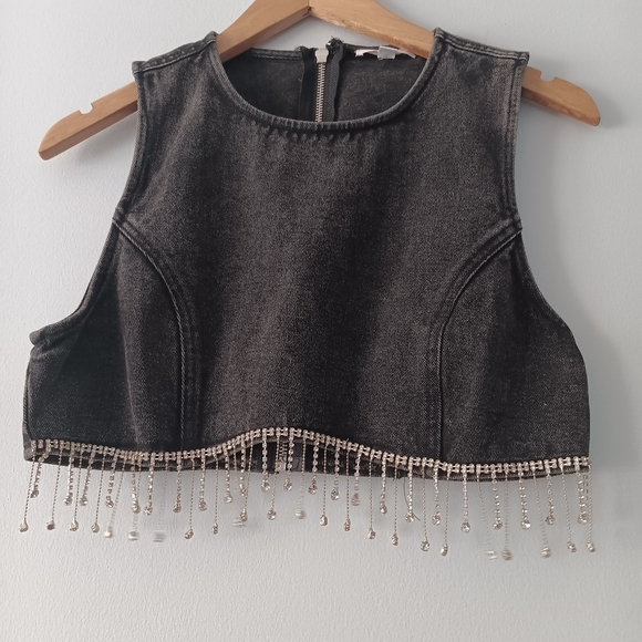 GeeGee Tops - GeeGee Black Washed Denim Cropped Top Rhinestone Fringe S